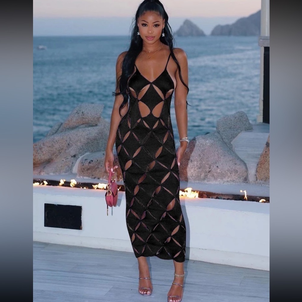 Island Girl Hollow Cut Out Midi Bodycon Dress